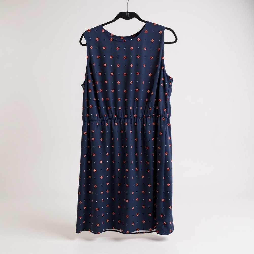 Sleeveless Navy Midi Dress With Red & White Diamond Print Button Closure Back El